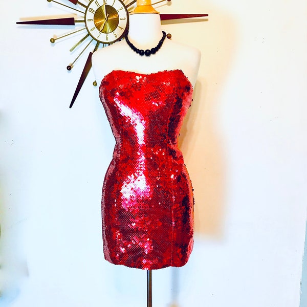 Red sequin mini-dress, 80s prom dress, Sexy strapless dress, Vintage 1980s dress, Pencil skirt dress, short tight fitted dress,