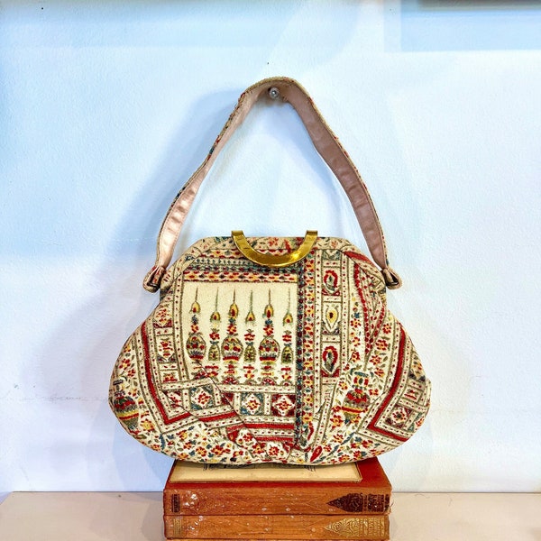 Vintage 1950s Saks Fifth Avenue Tapestry Paisley Handbag, 50s Tapestry Top Handle Purse, Vintage 50s Saks Fifth Avenue Handbag