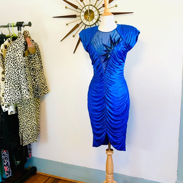 80s Party Dress, ROBERTA of CALIFORNIA, Electric Blue 1980s beaded dress, Sexy evening dress, Studio 54 Dress, Sparkly sapphire jewel tone