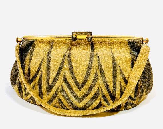 Antique 1920s Micro Beaded Evening Bag, Made In France for George Baring Paris, gold silver beading rhinestone handbag, Metallic vintage bag