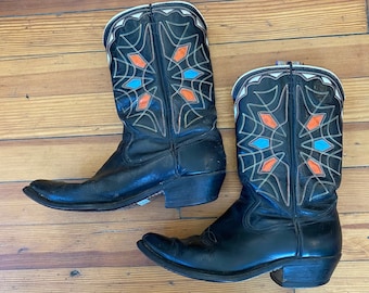 Vintage 1950s Peewee shorty Cowboy Boots, black orange white blue cutout Inlay, spider web embroidered 50s Pee Wees, Men 6.5 D, Wmn 7.5-8