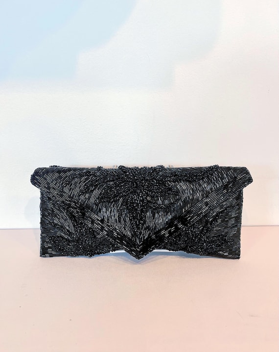 Vintage 70s Black Beaded Floral Clutch, 1970s Black Glass Beaded Fold Over Clutch, Vintage 70s Floral Glass Bead Evening Clutch