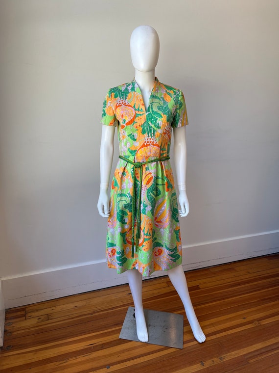 1960s Psychedelic Print Mod Dress, 60s Pure Silk Knee Length Dress, 1960s Designer Adele Simpson Dress, Green, 0range & Pink Embossed Dress