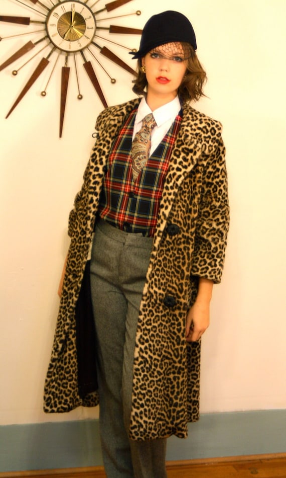 Vintage 60s Leopard Print Faux Fur Swing Coat: Mid Century Cheetah Jacket