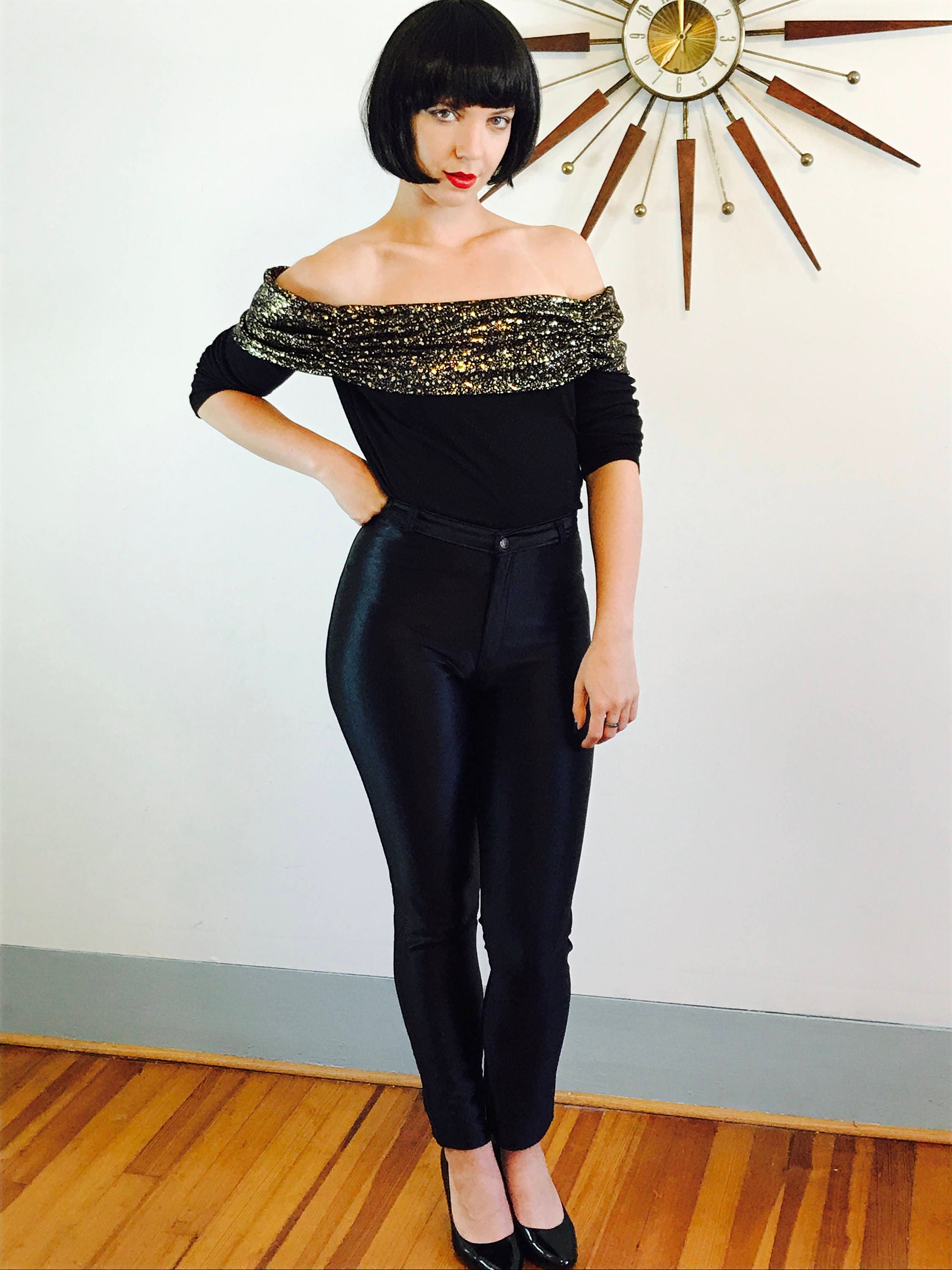 Off the Shoulder top, Black Crop Top, Vintage 80s blouse, Metallic Gold