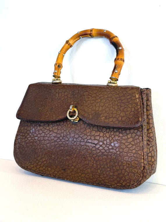 Vintage 1950s Leather Bamboo Handle Handbag: Embossed Brown Croc Textured Purse