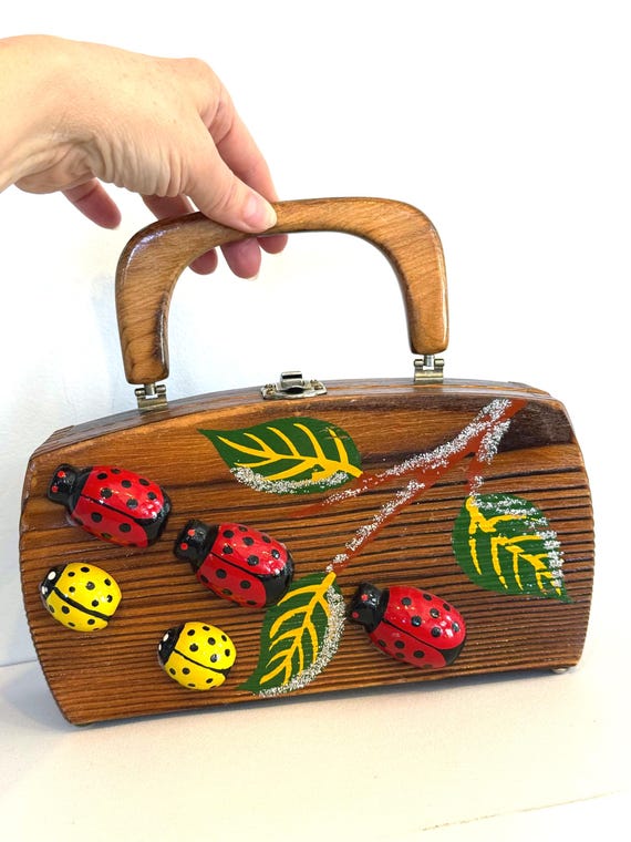 Vintage 1960s Wooden Ladybug Handbag: DELILL bag Wood lunchbox hand painted purse w/ 3D Bugs