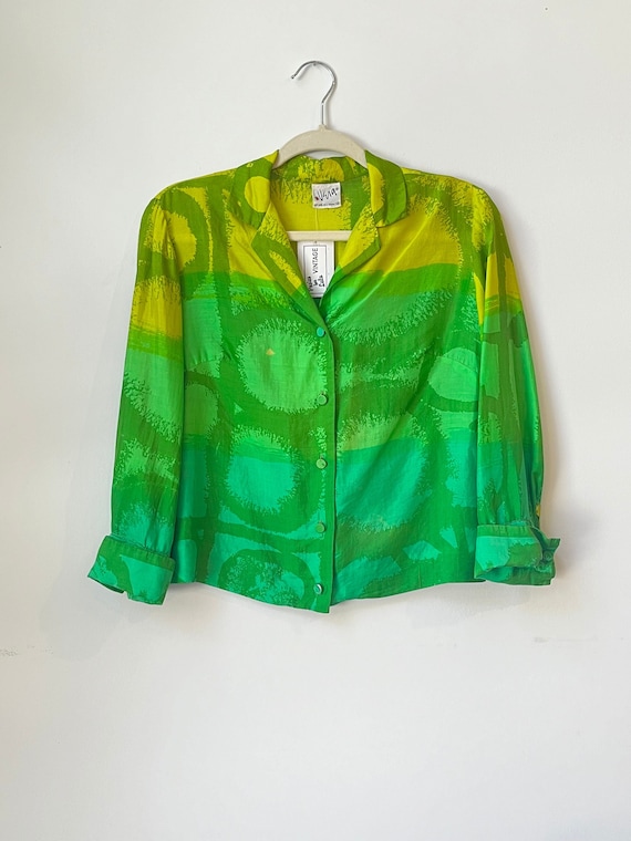 Vtg 60s VERA Neumann Pure Silk Green Abstract Blouse 3/4 Sleeve French Cuff Button Down Shirt 60s Boxy Silk Blouse Cropped Green Printed Top