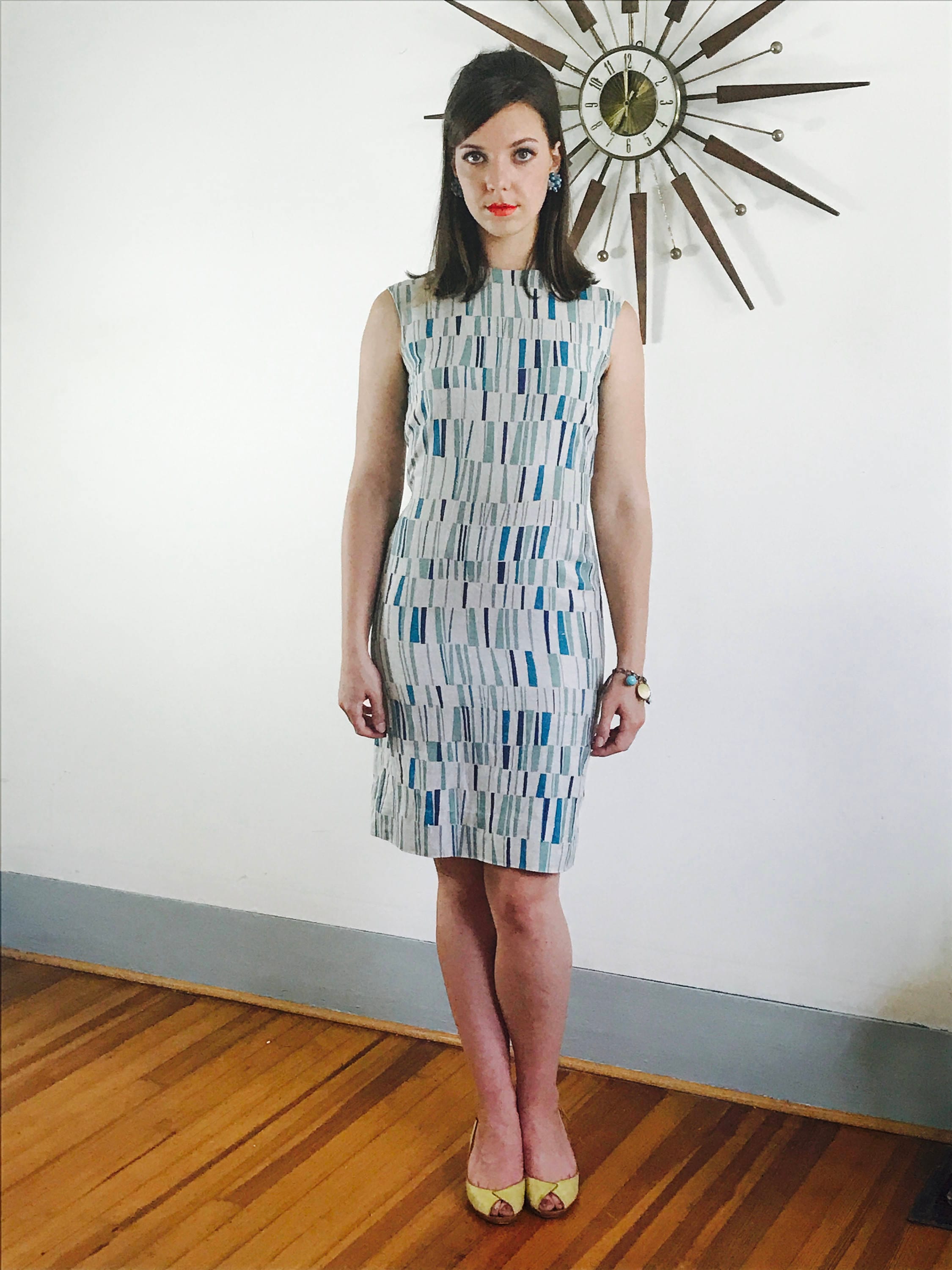 Vintage 60s Dress, Cotton Shift Dress, Blue Barkcloth