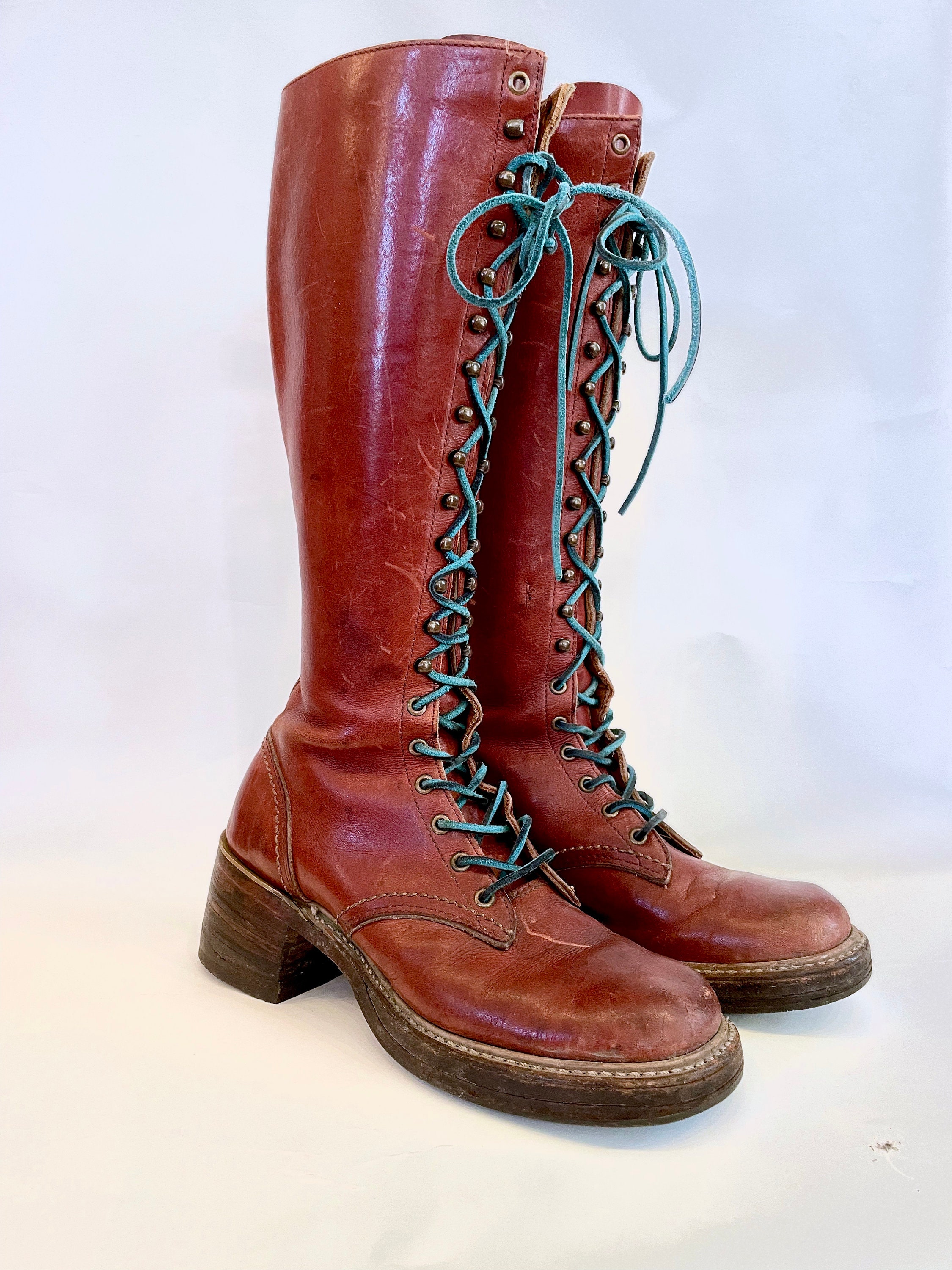 Vintage Bort Carleton Tall Leather Lace Up Boots, 1970s stacked wood heel  campus boots, 70s blue laced combat hippie gypsy boots, Women's 8