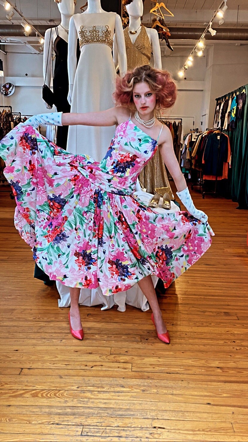 1980s Vintage Laura Ashley Style Floral Spaghetti Strap Assymetric Drop Waist Sash Big Bow Tulle Skirt 80s Summer Garden Party Dress Etsy Sweden
