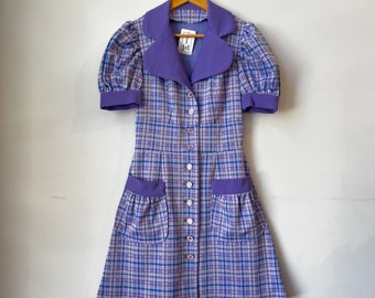 Vintage 60s Mod Mini Dress Made in London, Purple & Blue Plaid 1960s Puff Sleeve button front Vtg 60s Day Dress