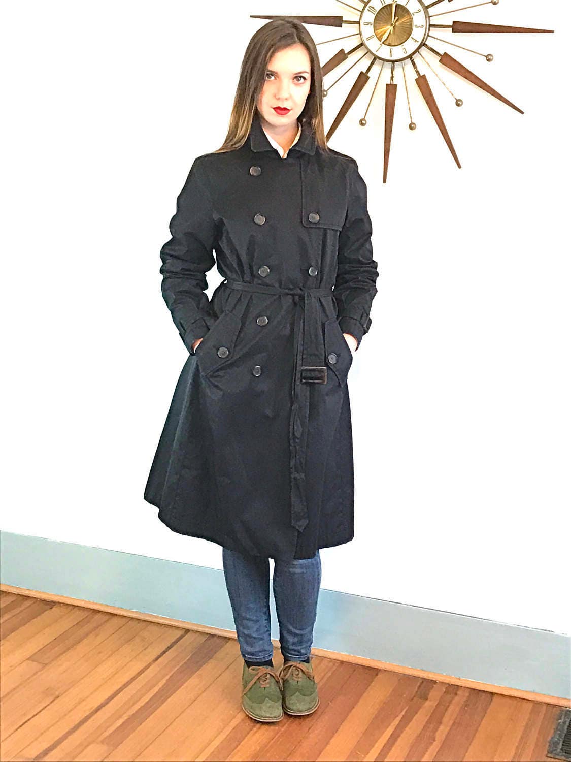 Black trench coat, Vintage Trench coat, BANANA REPUBLIC coat,Belted