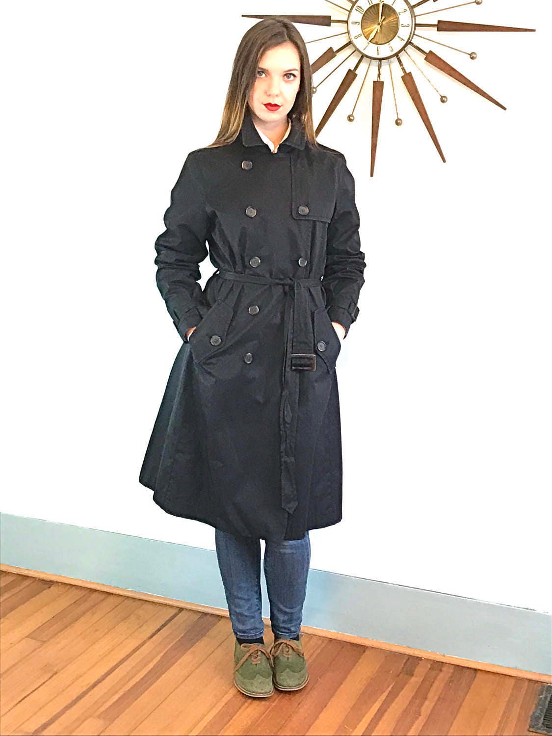 Black trench coat, Vintage Trench coat, BANANA REPUBLIC coat,Belted ...