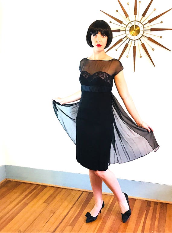 Black pencil dress, 60s cocktail dress, 60s chiffo