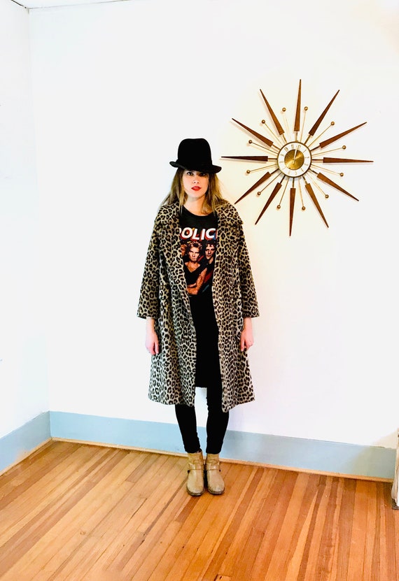 Vintage 60s Leopard print coat, VTG Faux fur Cheetah coat, Womens vintage peacoat, 1960s Leopard swing coat, Long Animal print Jacket