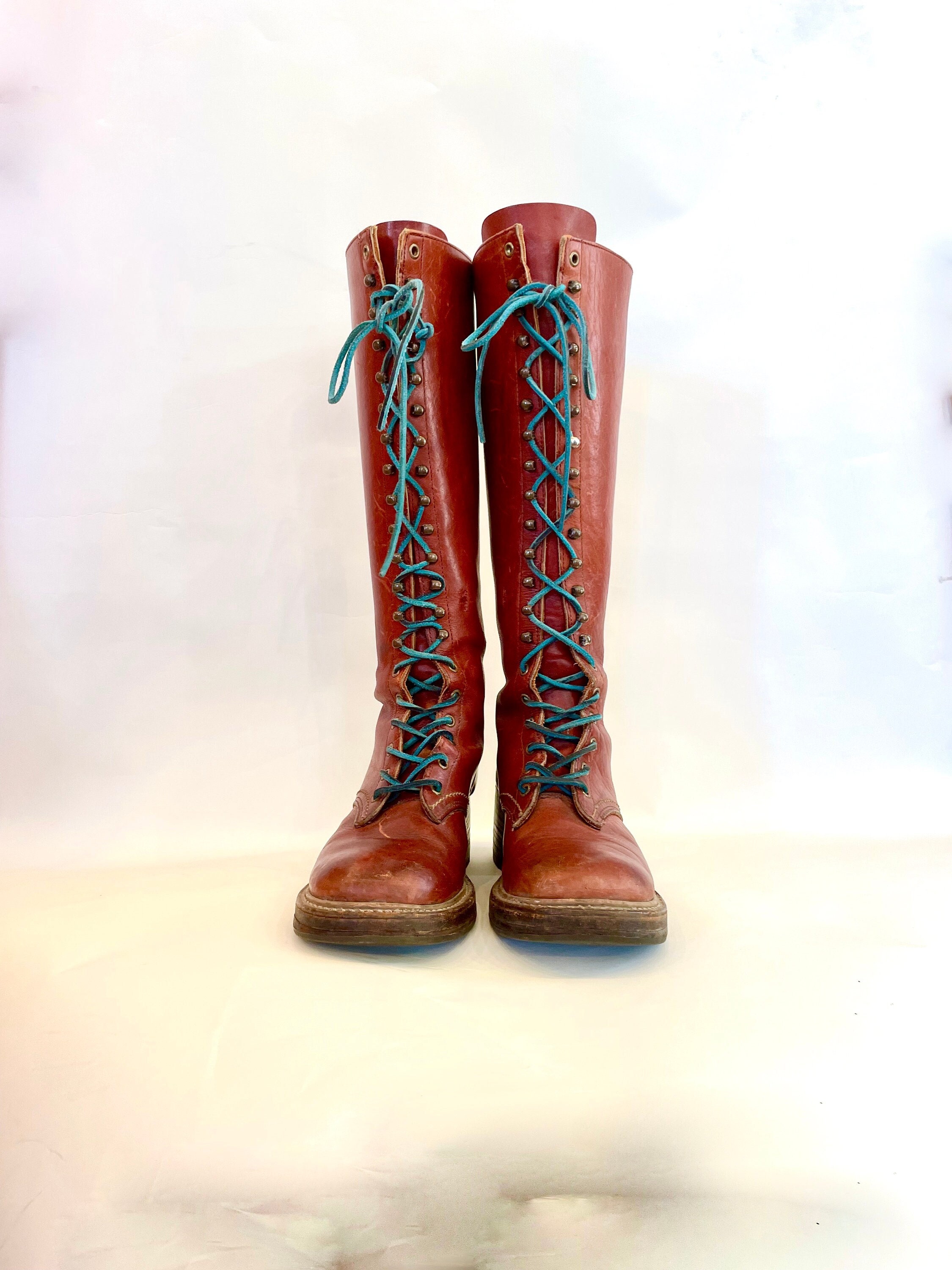 Vintage Bort Carleton Tall Leather Lace Up Boots, 1970s stacked wood heel  campus boots, 70s blue laced combat hippie gypsy boots, Women's 8