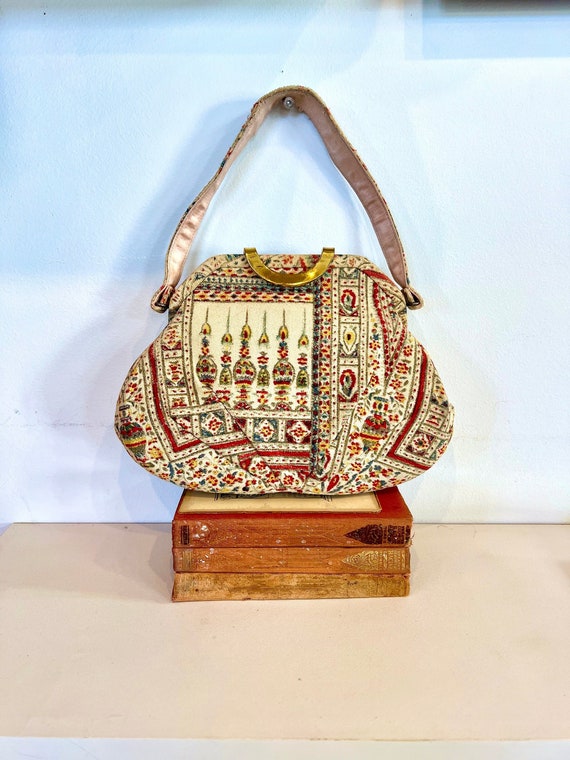 Vintage 1950s Saks Fifth Avenue Tapestry Paisley Handbag, 50s Tapestry Top Handle Purse, Vintage 50s Saks Fifth Avenue Handbag