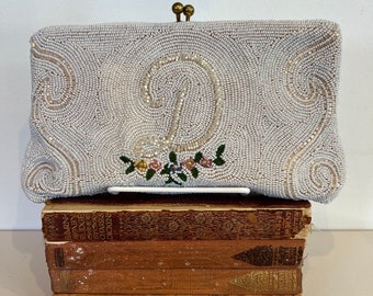 Vintage 1930s “D” initial with Flowers Clutch Purse, 30s White Beaded Clutch Purse, 1930s Handmade in Belgium Expressly For Gimbels Clutch