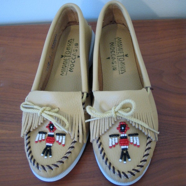 Vintage 1980s Minnetonka Moccasins NEVER WORN Fringe Caramel Tan Leather Shoes Beaded Red Black White Thunderbird 80s Loafers Size 8