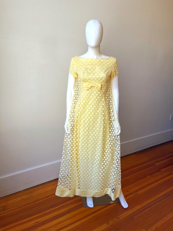 VTG 1960s Bridgerton dress, Sheer Polka Dot Lace Overlay Victorian Style Vintage Party Dress, 60s Butter Yellow Short Sleeve Maxi Gown