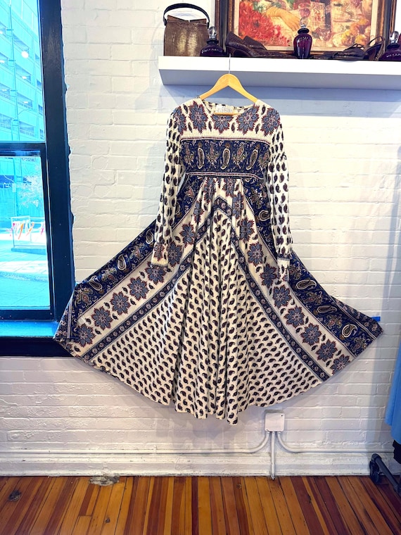Vintage 70s Denise L Cotton Paisley Maxi: Smocked Long Sleeve Boho Floor Length Dress