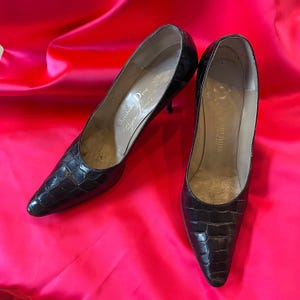 Vintage 50s Dior by Roger Vivier pointy toe heels, 60s black leather croc heels, 1950s Christian Dior stiletto high heel pumps  7.5