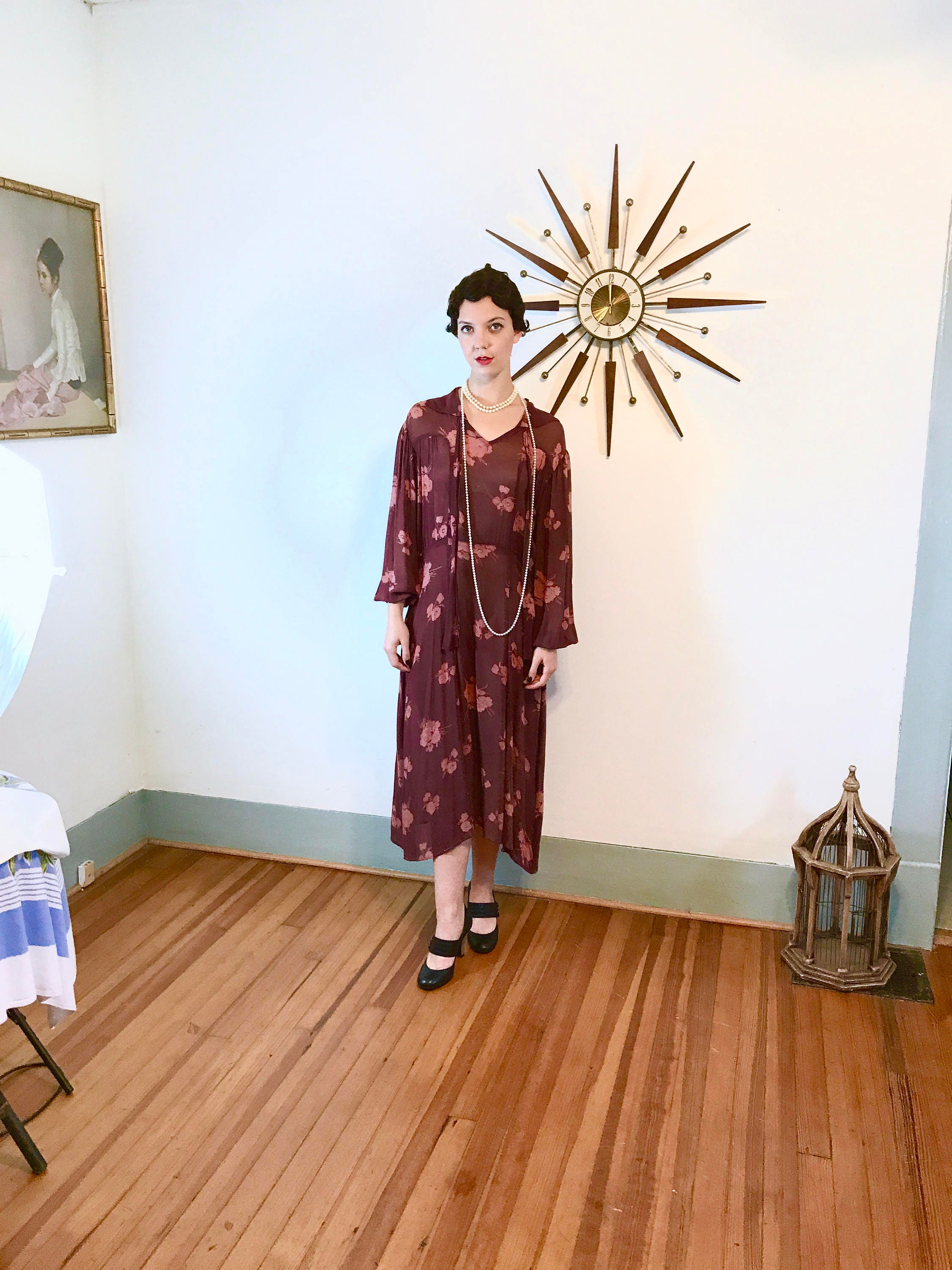 Vintage 30s Dress, 1930s silk dress, Drop Waist Dress, tie collar, long sleeve dress, 30s floral dress, 1920s Dress, 20s silk dress, Size XL Vintage 30s Dress, 1930s silk dress, Drop Waist Dress, tie collar, long sleeve dress, 30s floral dress, 1920s Dress, 20s silk dress, Size XL