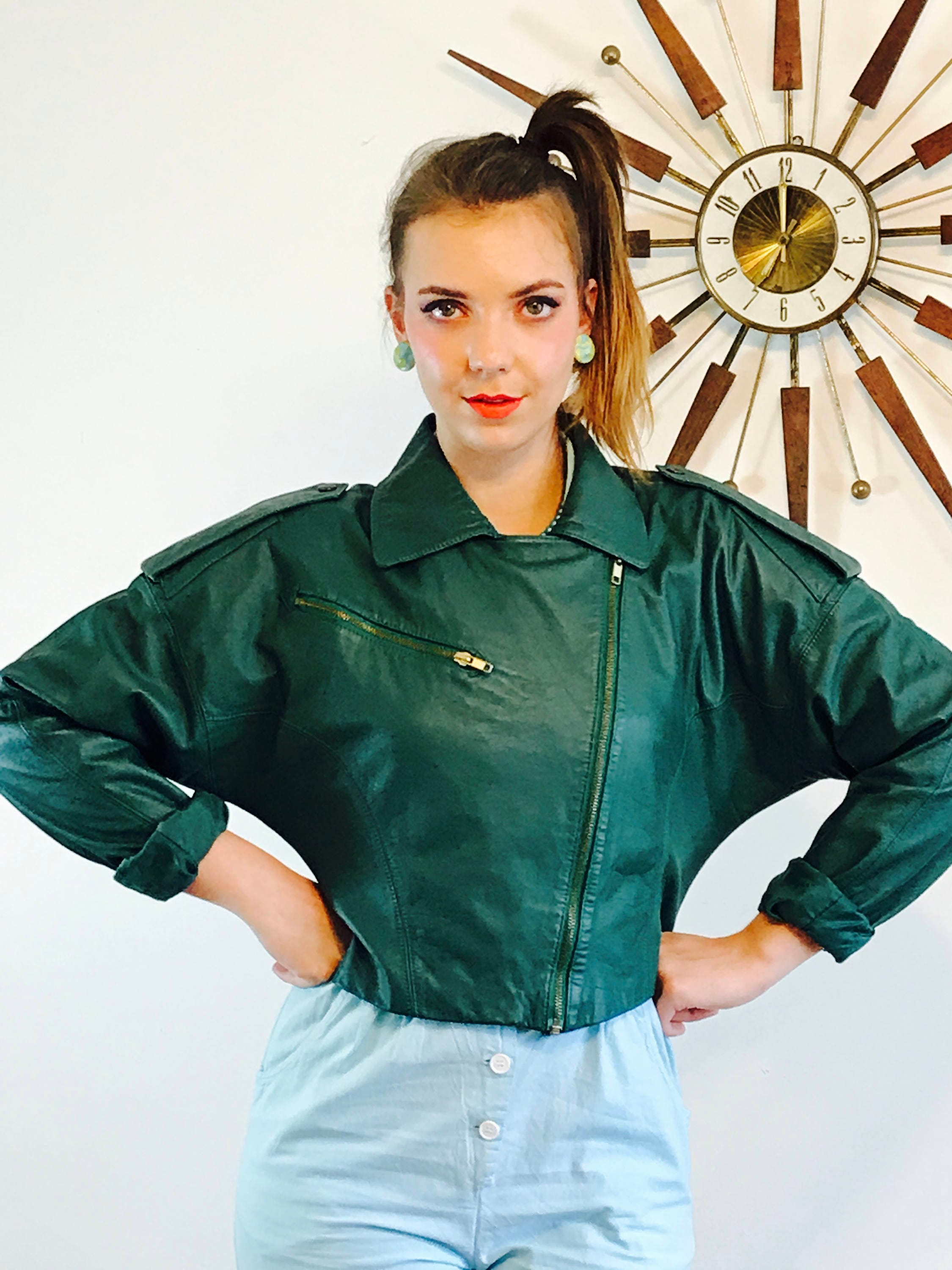 90s Womens Biker Jacket, Cropped Green Jacket, Leather Motorcycle