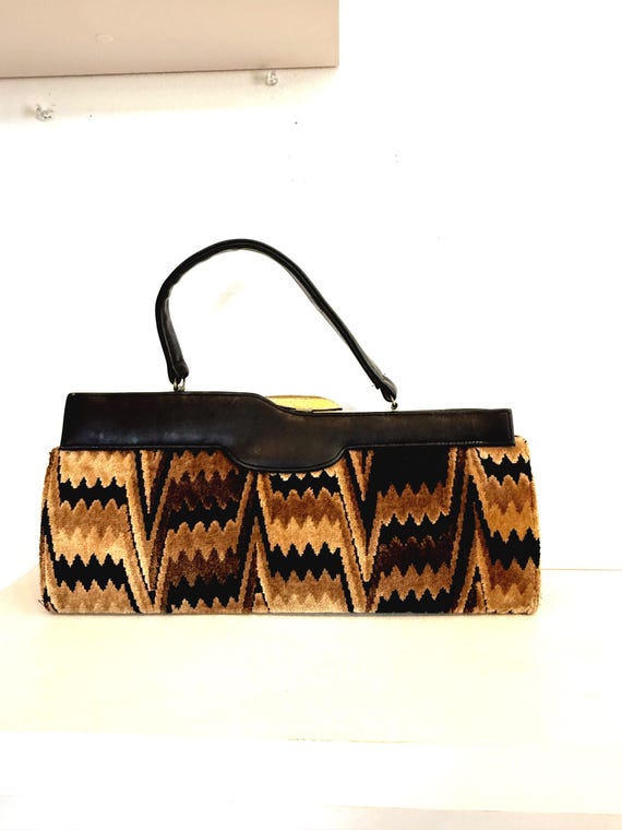 Vintage MCM Large Velvet Burnout Carpet Bag: 1960s Chevron Stripe Brown Black Chenille Long Baguette Tapestry Handbag