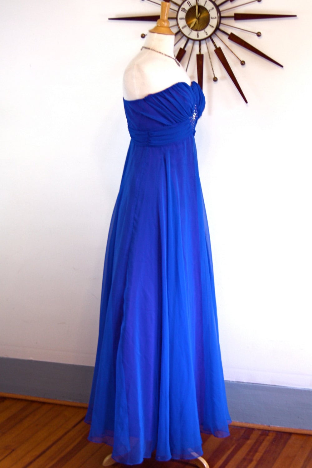 Vintage 1960's Beaded Blue Evening Gown With Rhinestones / 