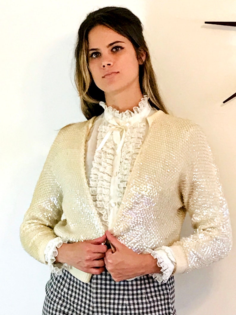 50s Sequined Sweater Vintage knit Cardigan Full Iridescent Sequins Cropped 1950s Shrug Fish Scale Fully Open Jumper