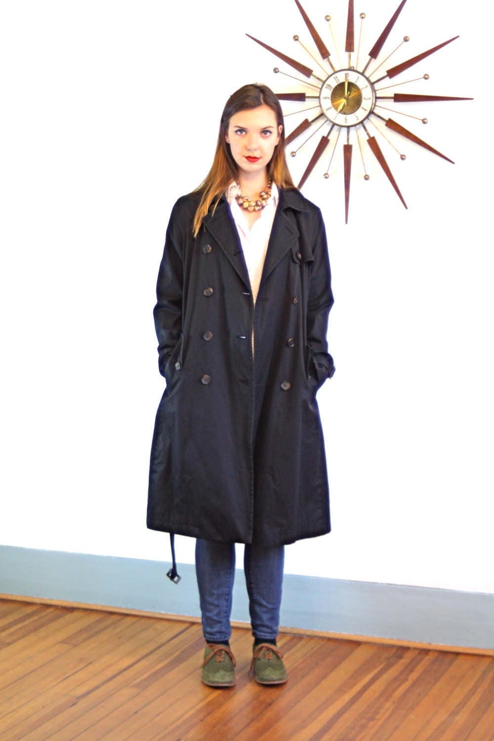 Black trench coat, Vintage Trench coat, BANANA REPUBLIC coat,Belted ...