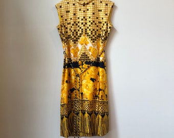 Vintage Designer Adele Simpson Dress, 1960s Yellow & Navy Blue Rose and Tassel Print dress, 60s Sleeveless Knee Length Dress with Rope Belt