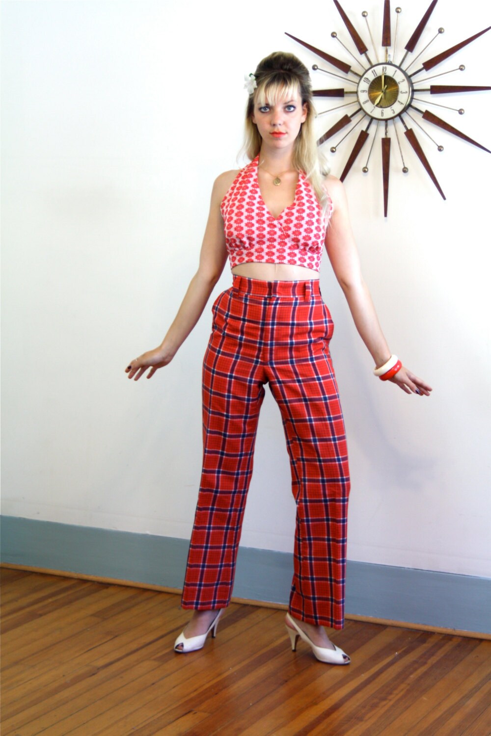 Vintage 70s Plaid Pants Red White & Blue Super High Waisted Womens Retro Unisex Golf Trousers