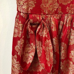 Vintage 1960s Red & Gold Brocade Flower Print Dress, 60s Metallic Brocade Sleeveless Knee Length Dress, 1960s Wiggle Dress with Hip Bow image 3