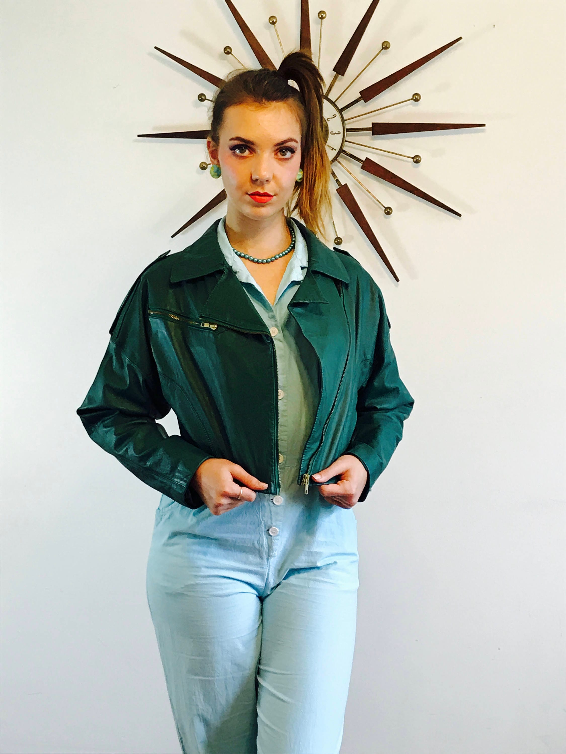 90s Womens Biker Jacket, Cropped Green Jacket, Leather Motorcycle ...