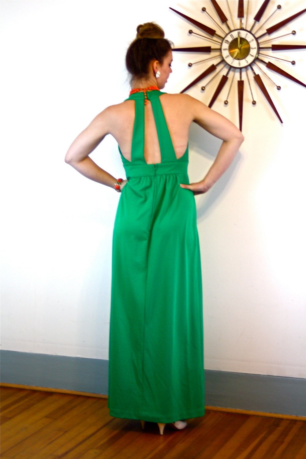 70s Maxi Dress 70s Disco Dress Emerald Green Dress Low V Neck Sexy Open Back Sleeveless