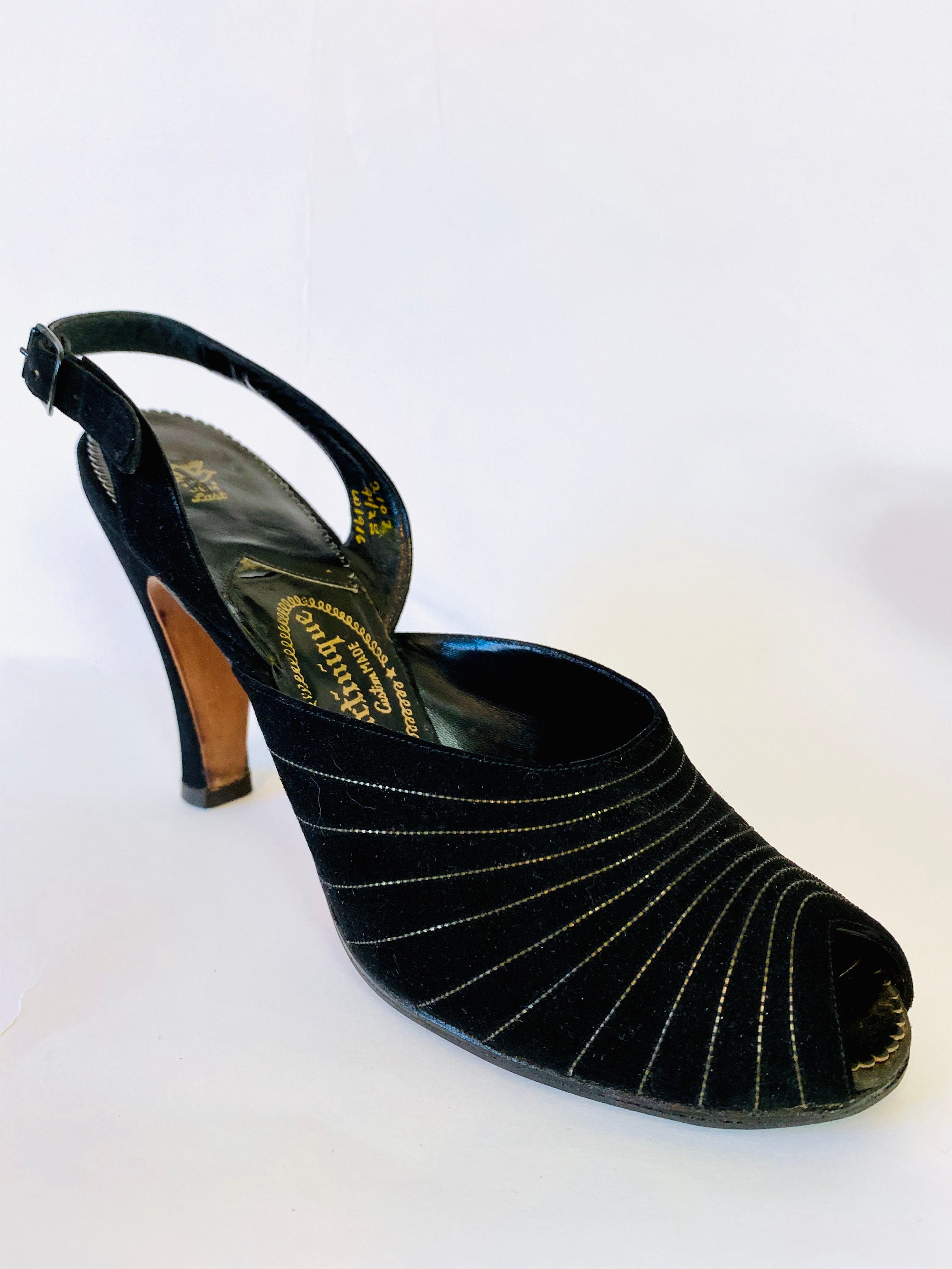 40s Martinique black peep toe slingback heels, 1940s strappy Womens ...