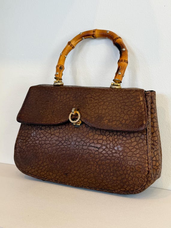 Vintage 1950s Leather Bamboo Handle Handbag: Embossed Brown Croc Textured Purse
