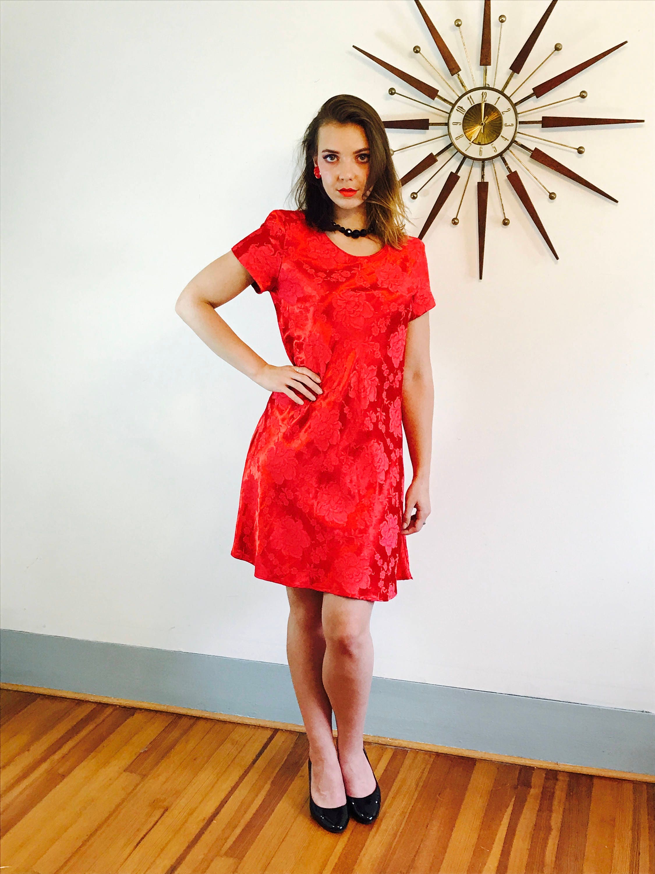 Red 90s dress, Bright Red dress, 90s mini dress, short Sleeve dress ...