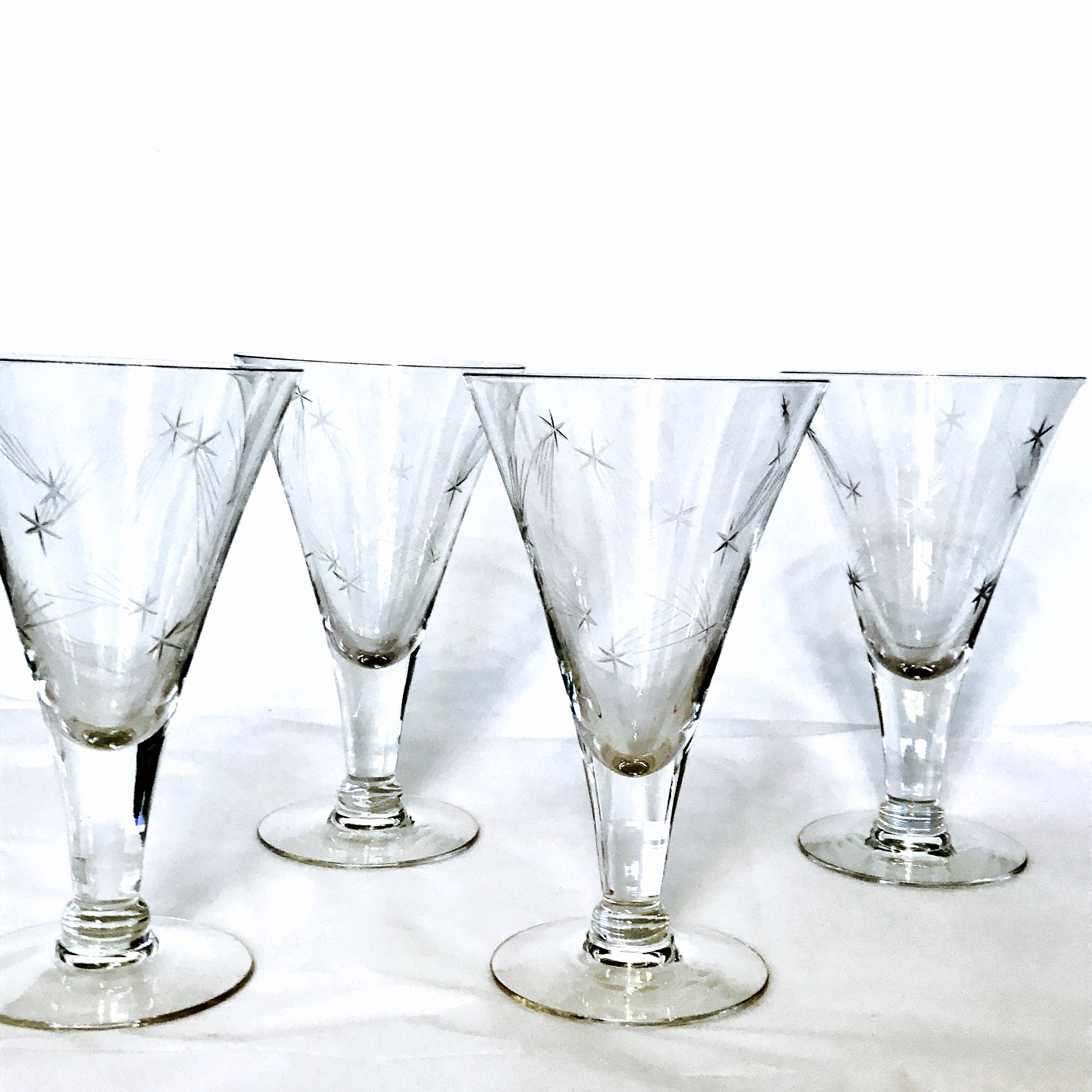 Atomic 1950s Barware, Starburst glasses, SET of 2 TWO, 50s Etched Glass