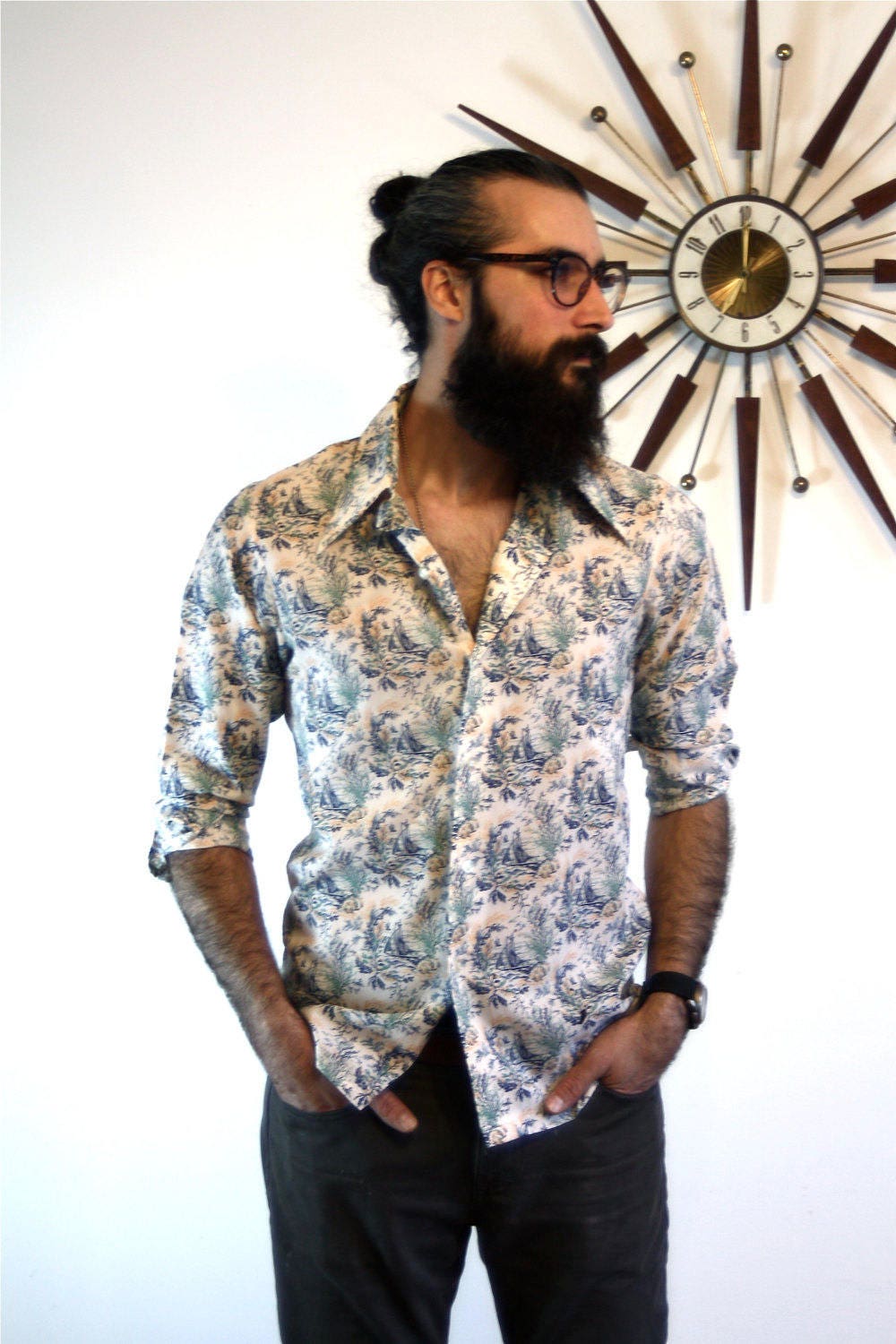 Vintage LEVIS shirt, Levis Panatela shirt, Nautical sail boats, Mens button  down, Long Sleeve Shirt, big Butterfly Collar, 70s Levis shirt