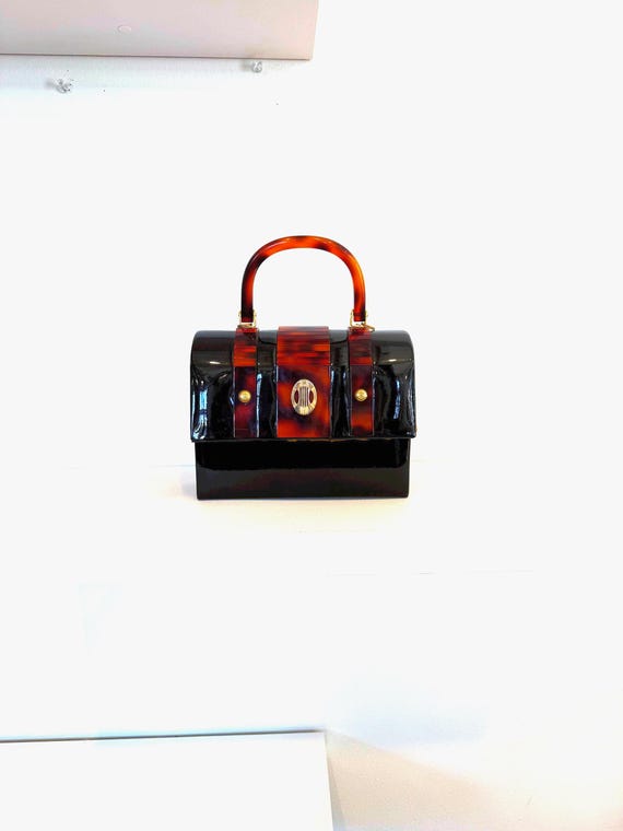 Vintage 60s Patent Leather Tortoise Handbag: Mod 1960s Rectangle Lunchbox Bag Top handle Purse
