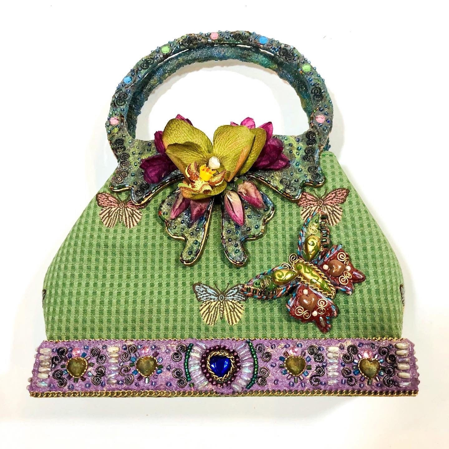 Designer Mary Frances 3D butterfly handbag cute top handle orchid purse green purple pink embellished pocketbook embroidered designer bag