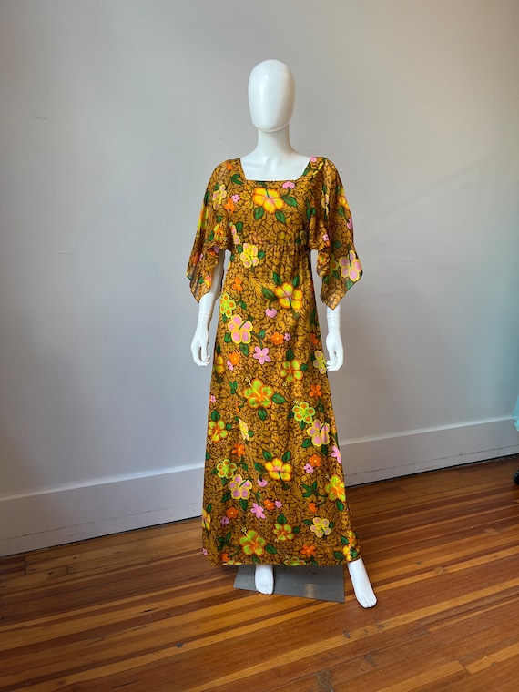 1960s Tahitian Tropical Floral Flutter Sleeve Cotton Maxi Dress, Vintage 60s Tahiti Tropic Hibiscus Print Vtg Tiki Bar Mai Tai Hostess Gown