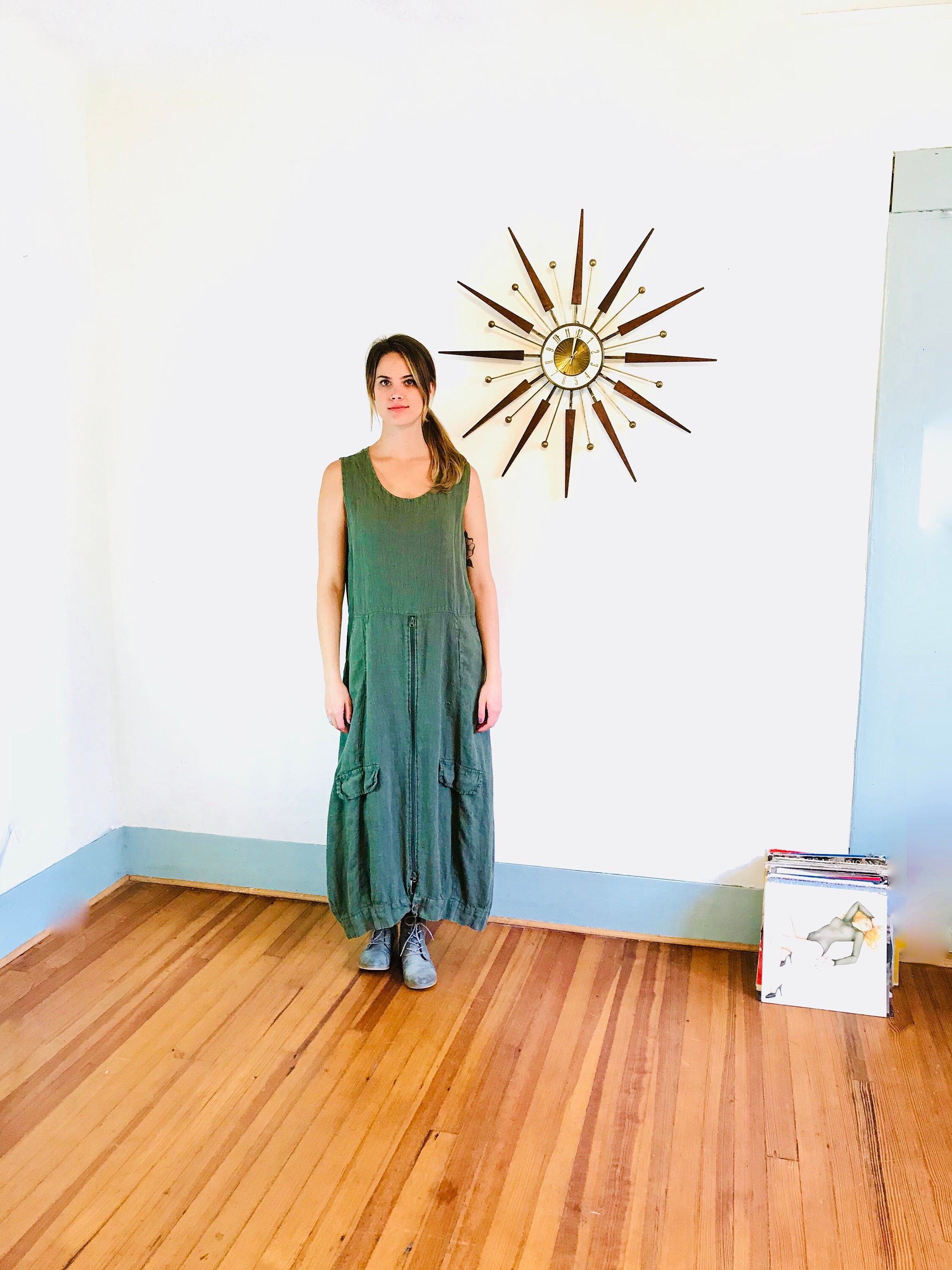 Vintage 90s Linen Sack Dress Army Green Maxi Dress Smock Boxy Baggy Free  Style Industrial 1990s Sleeveless Long Tank Dress Metal zippers