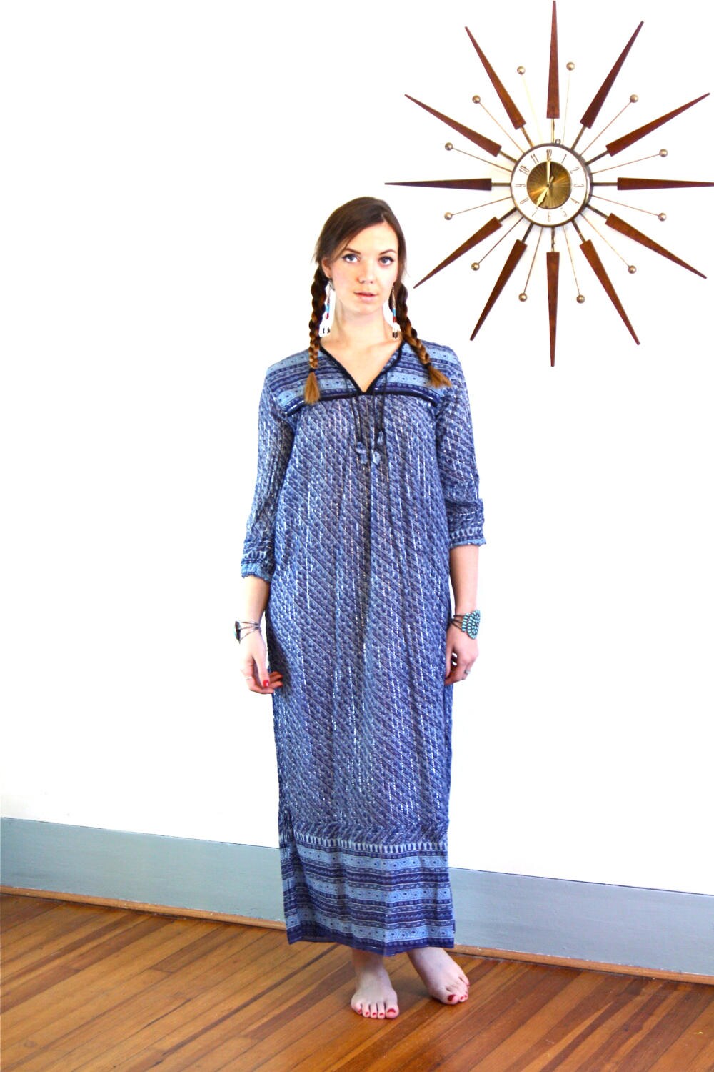 Vintage 1970s Indian Gauze Hippie Dress Boho Chic Blue Silver Thread Block Print Cotton Long