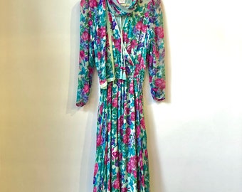 Vintage Diane Freise dress 1980s Aqua flower print designer dress, 80s silk chiffon long sleeve dress, silk georgette vtg flowy scarf dress