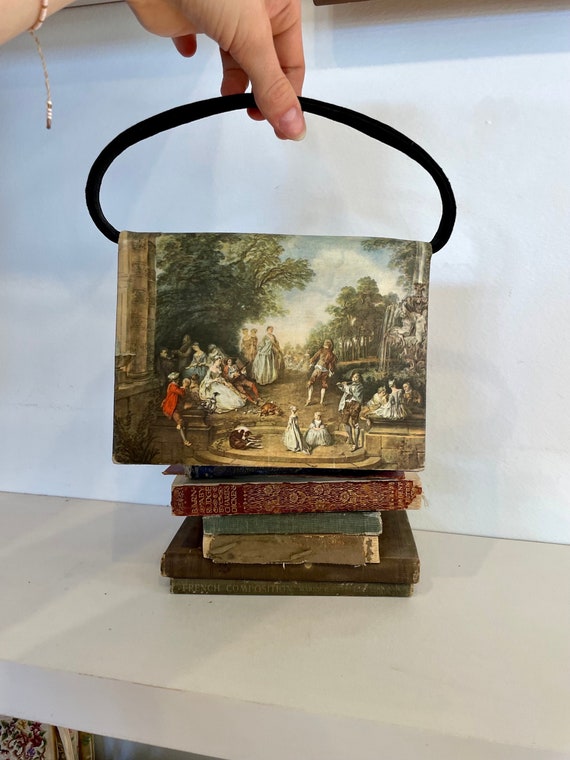 Vintage 50s Tano of Madrid Handbag, 1950s Baroque Photo on Silk Satin top handle bag, Rococo people art scene photograph top handle purse